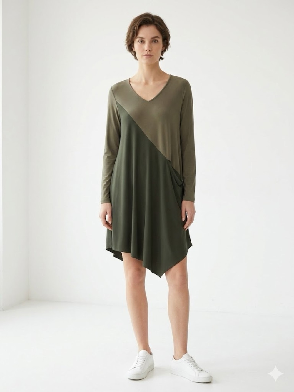 Sun Kim asymmetric colorblock tunic Dress in olive and sage green SzLarge